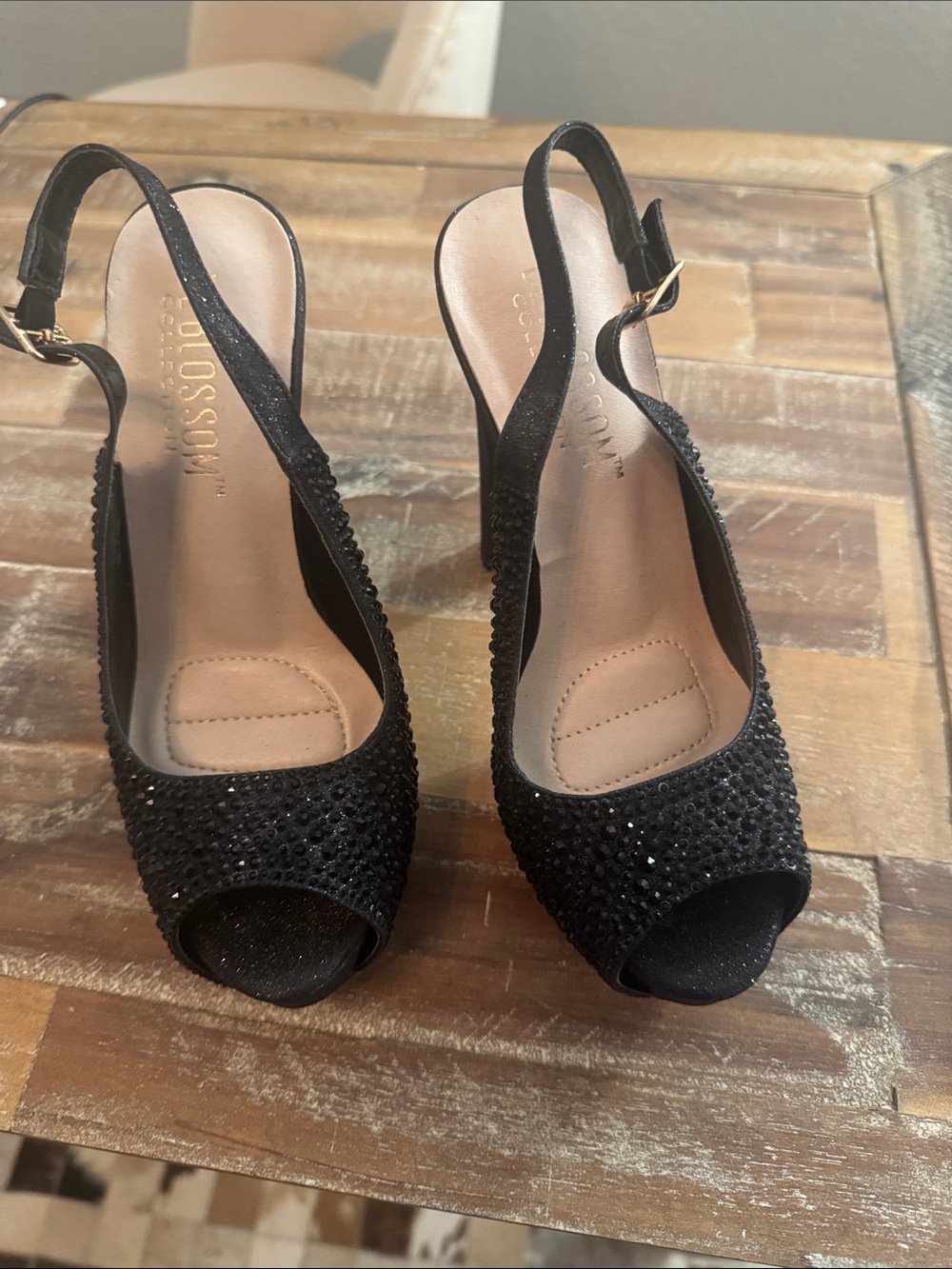 De Blossom Collection Black Crystal Peep-Toe Slingback Heels